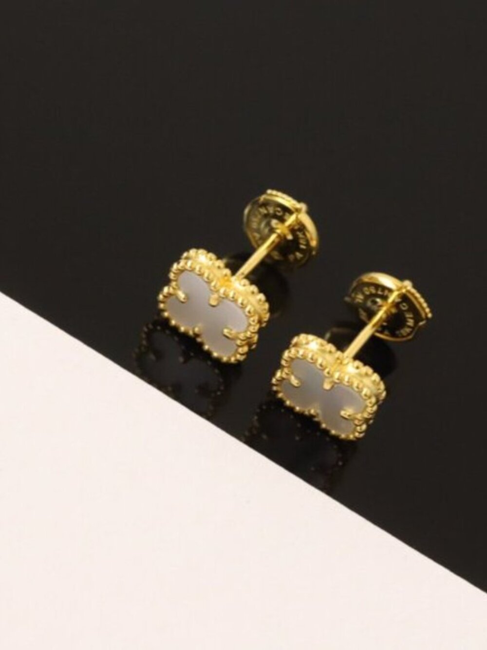 Van Cleef & Arpels White Mother-of-Pearl Alhambra Clover Stud Earrings in Gold - Picture 7 of 8